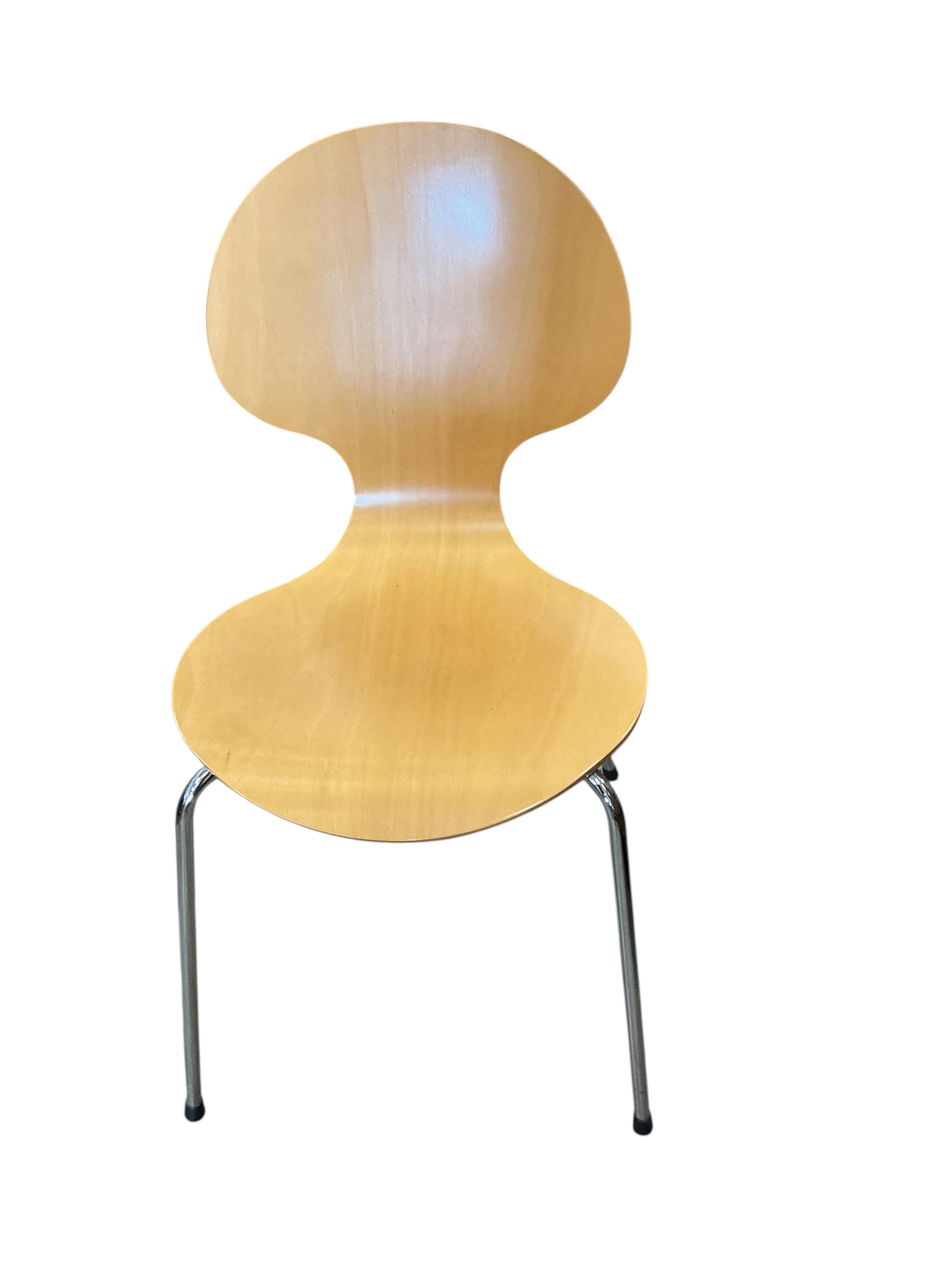 After Arne Jacobsen, a set of six modern bentwood and chrome 'Ant' chairs, width 44cm, depth 44cm, height 84cm